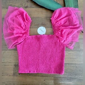 STORIA Smocked pink tulle flutter sleeve top